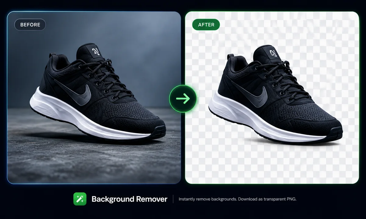 Background remover before and after: a shoe photo and the same shoe on a transparent background