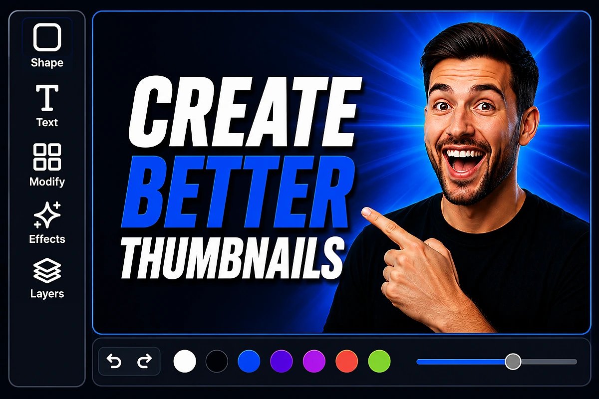 ThumbCrafted thumbnail editor canvas with text, shapes, and color tools